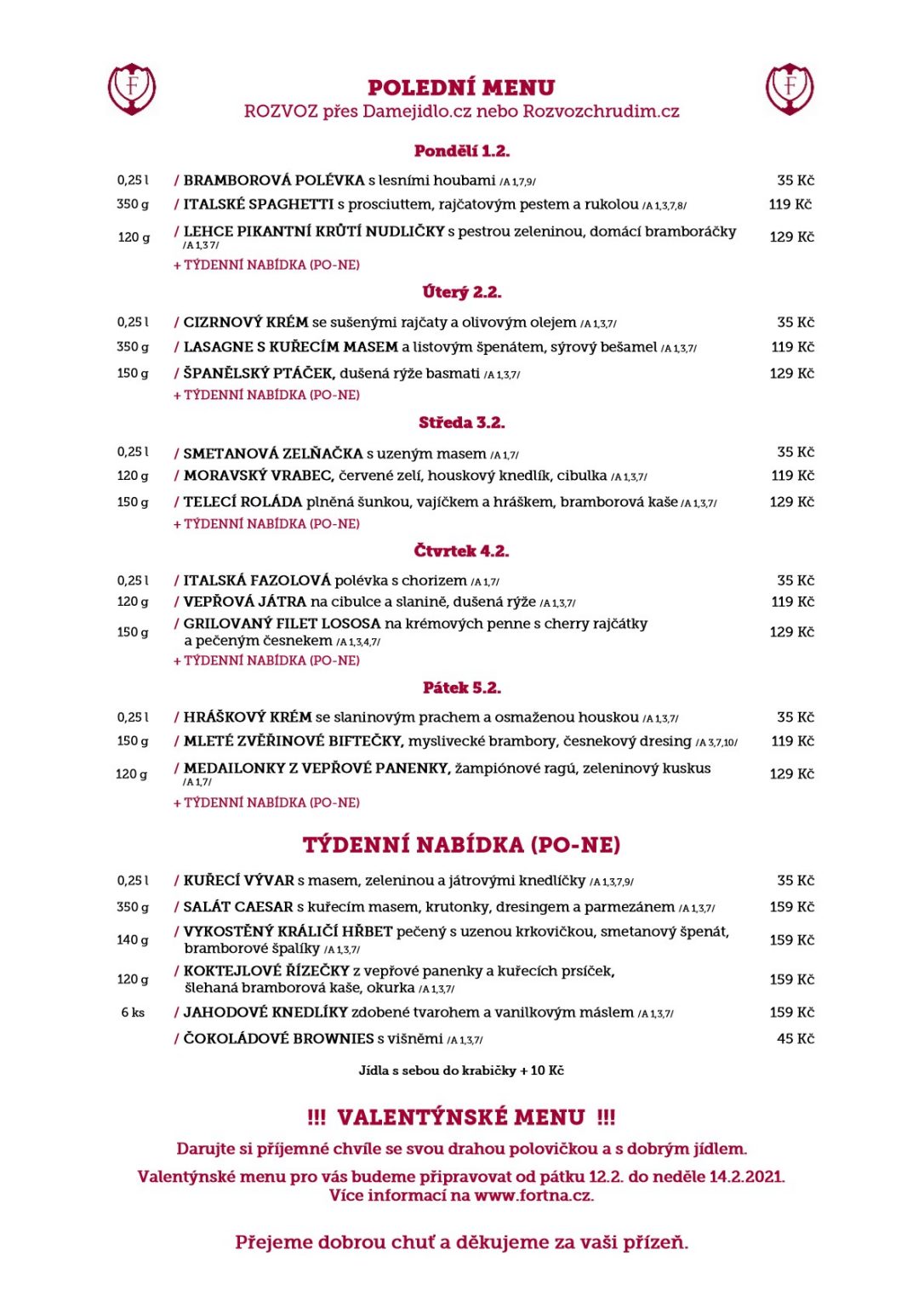 Denní menu restaurace Fortna Hotel Fortna